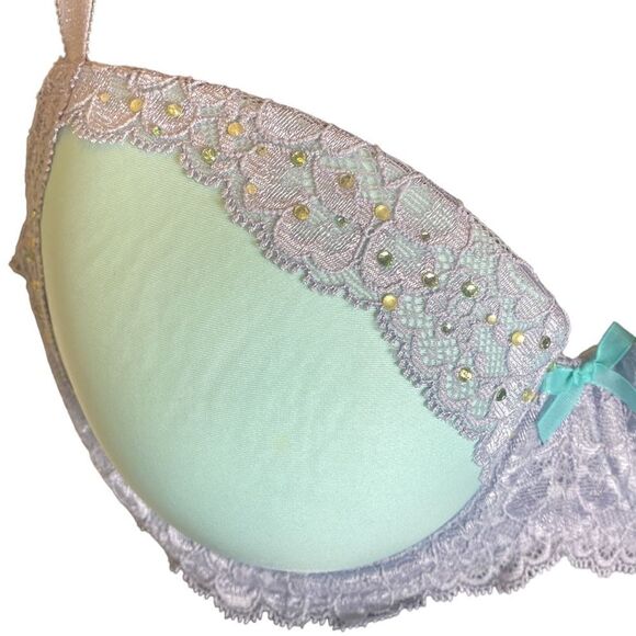 Victoria’s Secret dream angels lined Demi 34D gray/green rhinestones lace - Picture 2 of 4